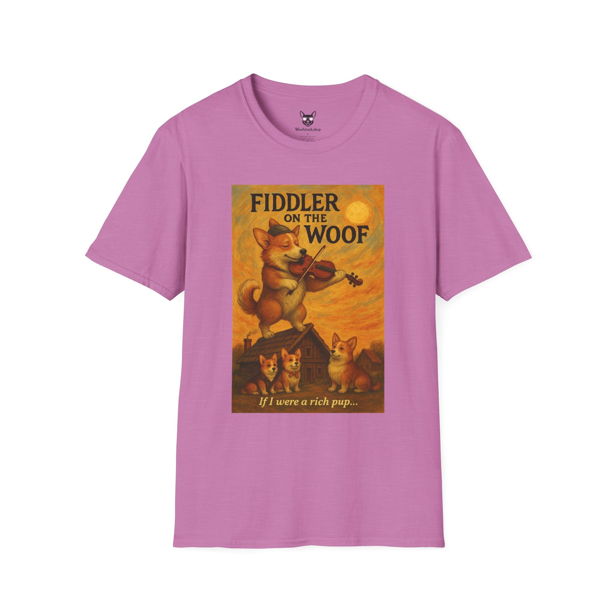 Fiddler on the Woof Broadway Poster Dog Parody Unisex Softstyle T-Shirt -- Funny Broadway Movie Tee for Theater and Dog Lovers
